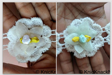 Off White Cotton Embroidery And Fabric Flower Trim With Satin Green Leaves And White/Green Rose, Approx. 55mm